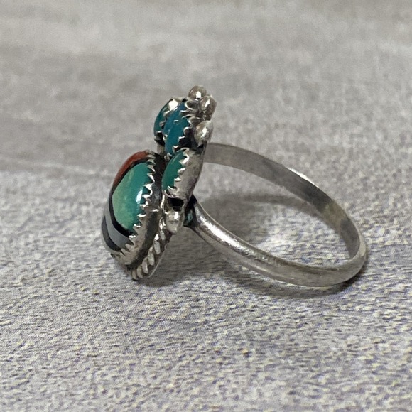 Sz 4.5 Zuni Sterling Silver Petit Point Turquoise Ring Stone Inlay Sun Face Vtg - Picture 7 of 10